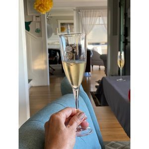 VTG Perrier Jouet PJ Grand Brut Champagne Flute Glasses 2 8" Hnd Painted